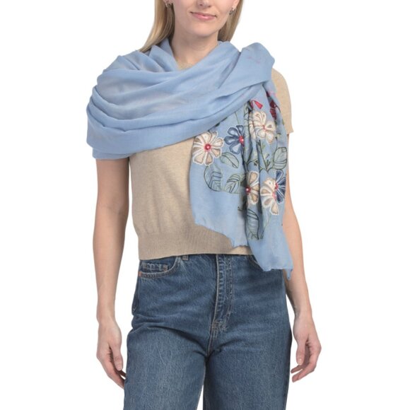 JESSICA MCCLINTOCK denim Floral Embroidered Border Shawl Faux Pearl Details - Picture 1 of 2
